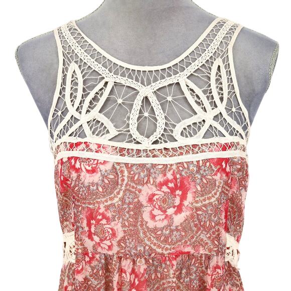 Free People Dress Womens 10 Maxi Ivory Red Pink Floral Lace Trim Lined Chiffon - Picture 7 of 13
